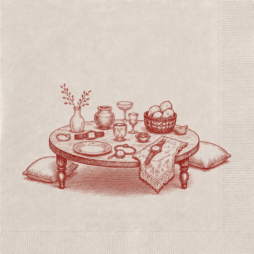A drawing of a low table set with watches, jewellery, cushions and vessels.